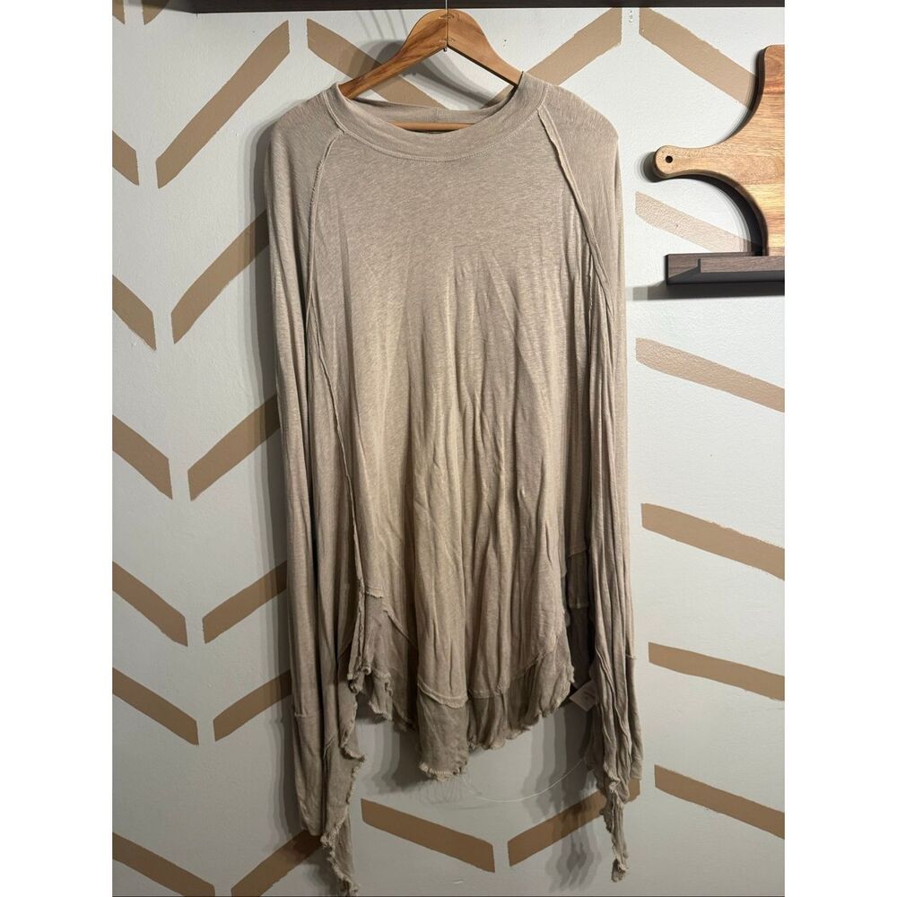 Free People Sage Beige Starlight Ruffle Long Sleeve Linen Tunic Top Size Large